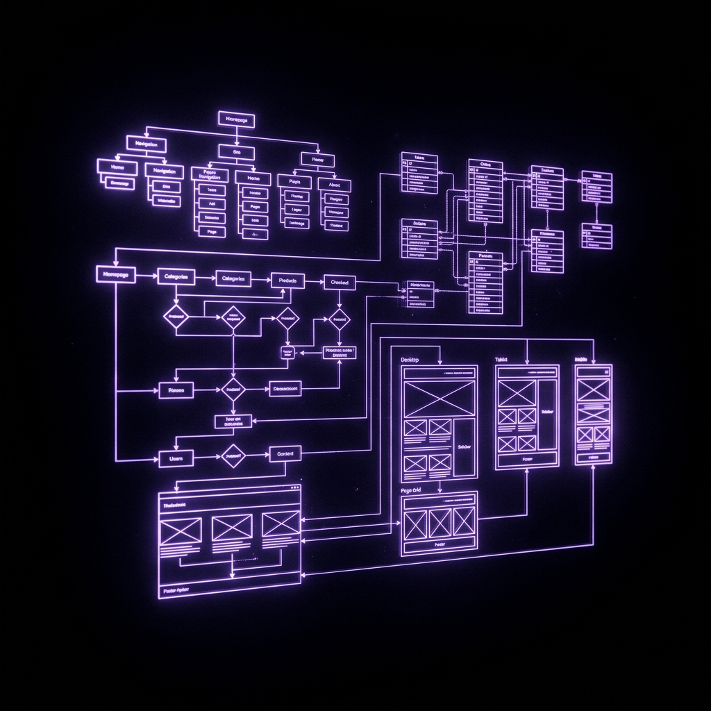 Glowing violet wireframe blueprint of a website floating in space