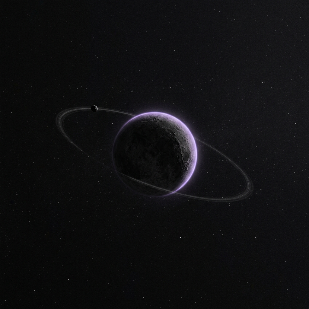 Small dark planet with a single satellite on an orbital ring against black