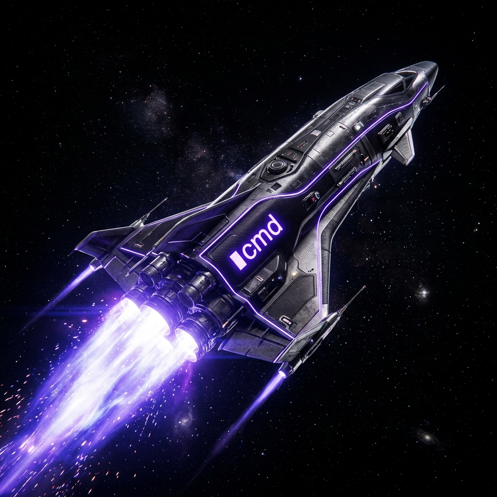 A rocket launching through space with a violet exhaust trail