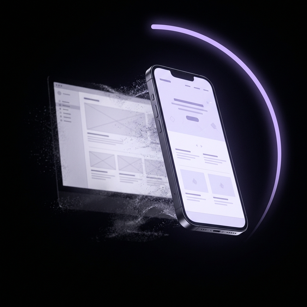 A smartphone in space with a faded desktop screen condensing into it