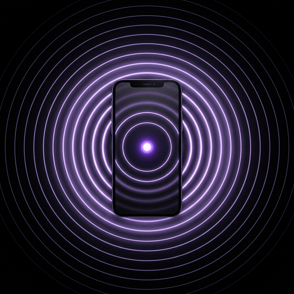 A smartphone with violet call rings radiating outward against black